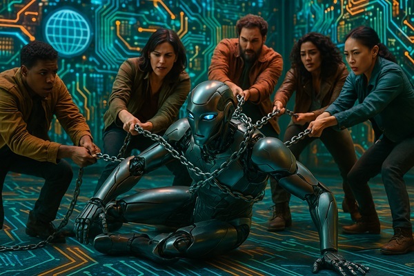 People chaining a robot, symbolizing AI