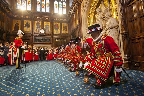 The Yeomen of the Guard pick up their lamps in preparation for checking the cellars of the Palace of Westminster, a tradition carried out before every State Opening of Parliament since the failed 1605 Gunpowder Plot.