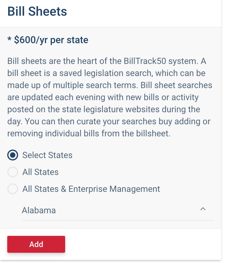 Screenshot of a selected state under the Bill Sheets subscription option before the user selects
