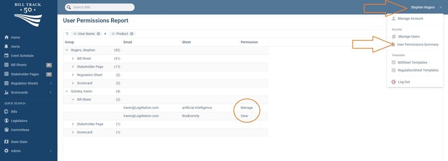 Click the user name, then user permissions summary