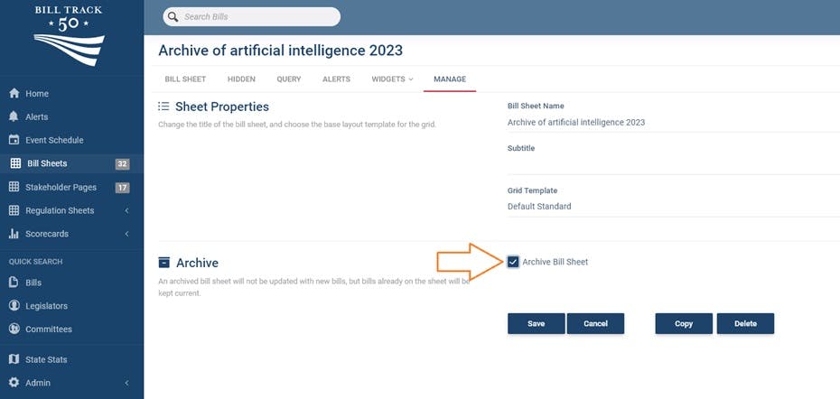 Go to the Manage tab and click the Archive Bill Sheet box to archive the bill sheet.
