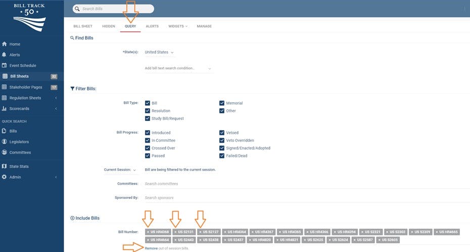 Click the Query tab and then click the x on bills you want to remove.