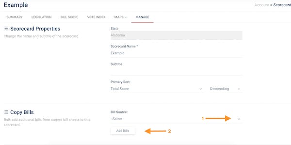 Copy Bills section of the Scorecard Manage Tab
