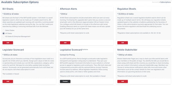 List of BillTrack50 Subscription Options laid out in a grid format with descriptive text boxes and red