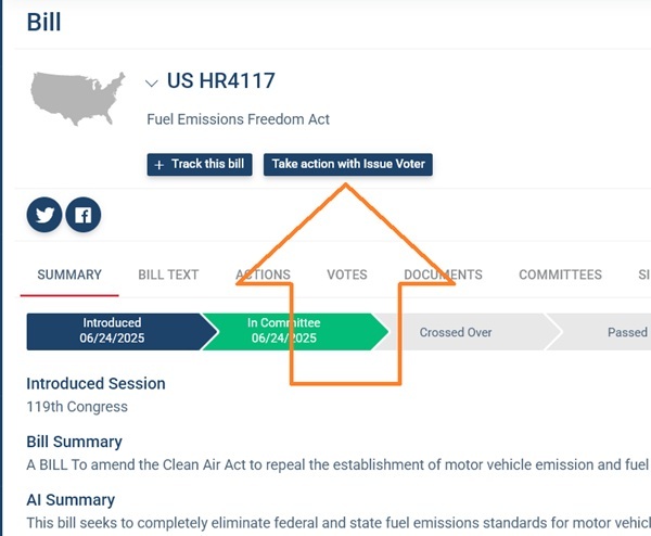 The BillTrack50 IssueVoter link on the Fuel Emissions Freedom Act