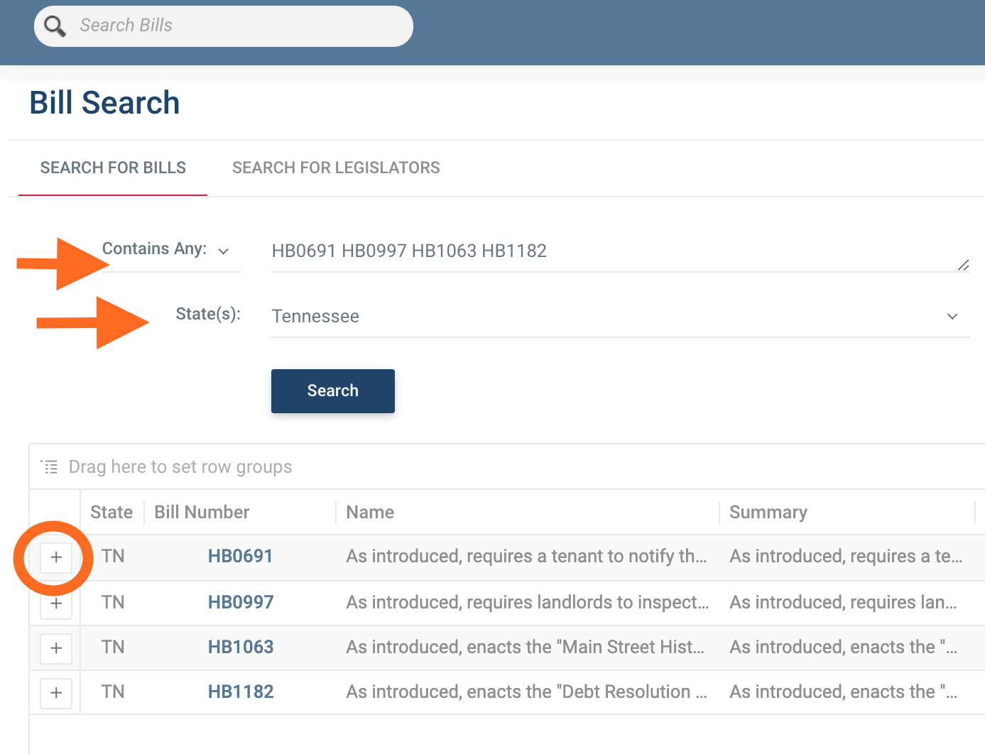 Screen Shot of Bill Search result page