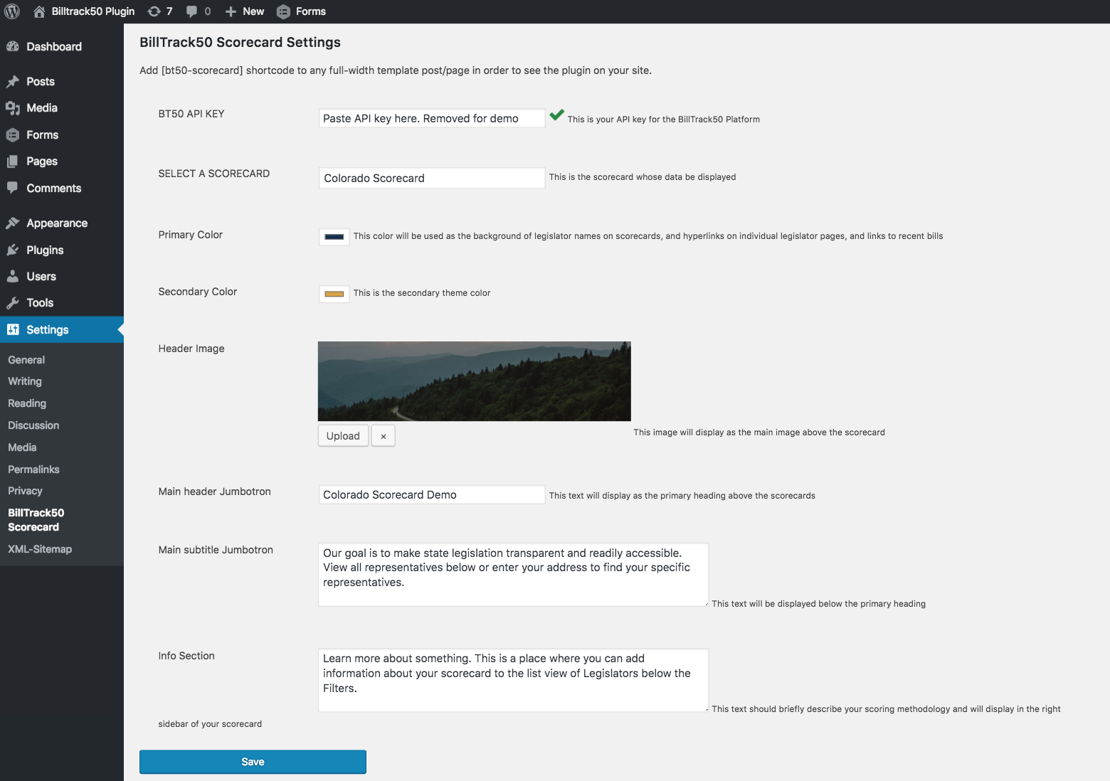 screenshot of WordPress settings