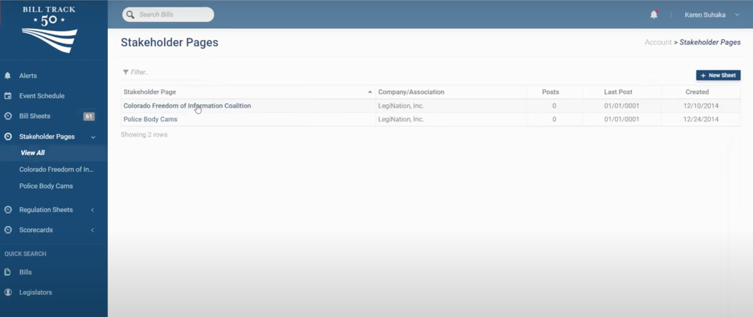 BillTrack50 Stakeholder Page Navigation Drop down