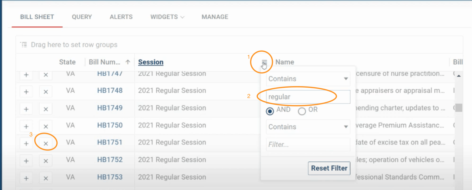 Filter for regular session