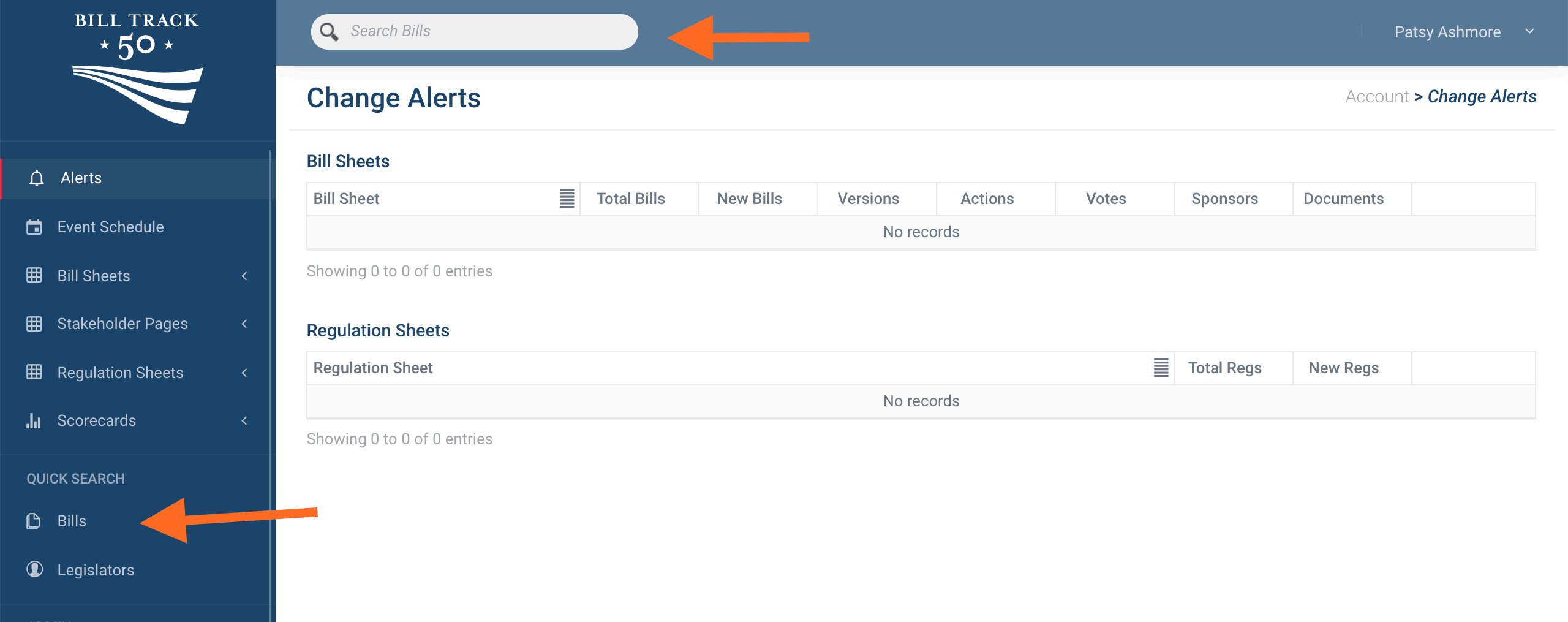 Change alert screen with two orange arrows pointing to quick search bill options