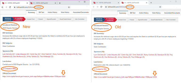 Screen shot of old and new bill highlighting differences