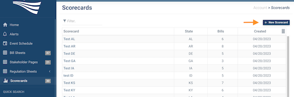 Screenshot of Scorecards Navigation screen with orange arrow pointing at blue 
