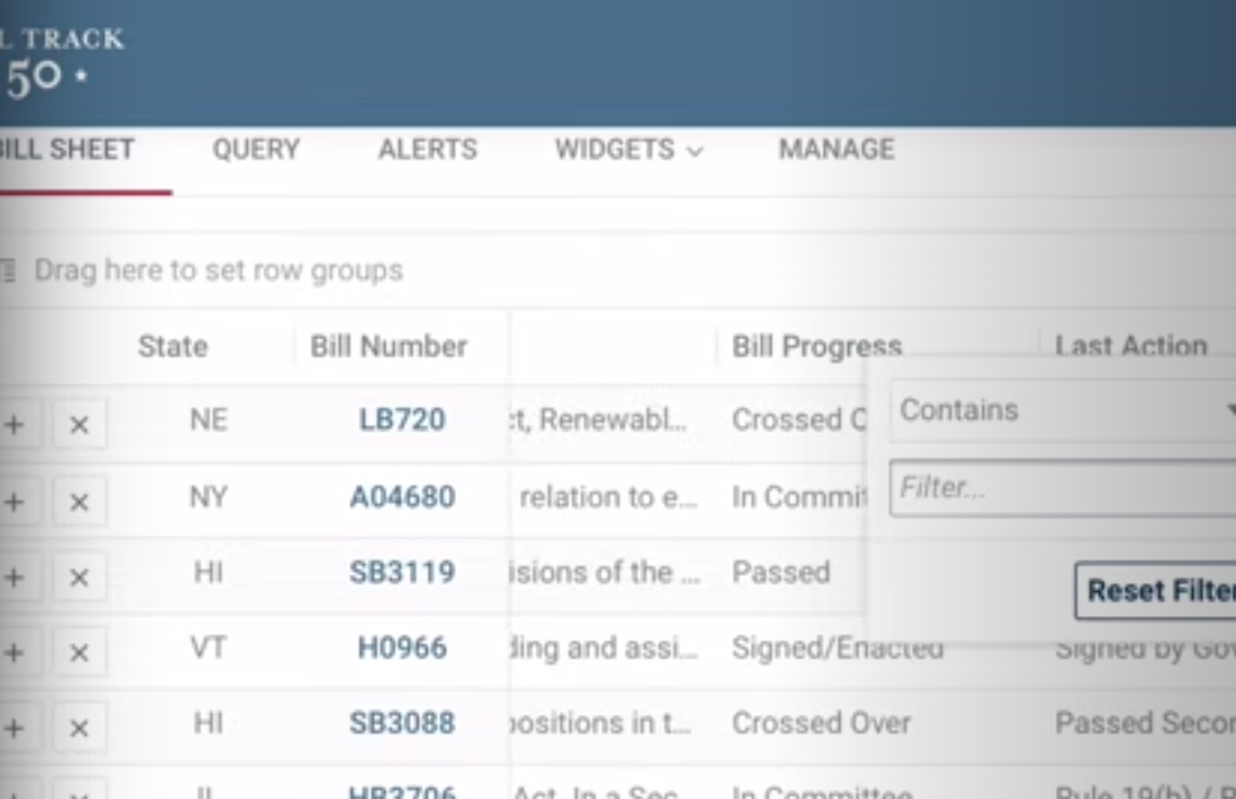 Filtered column example on BillTrack50 grid