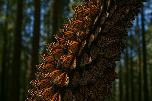 Monarch butterflies clustered on a tree